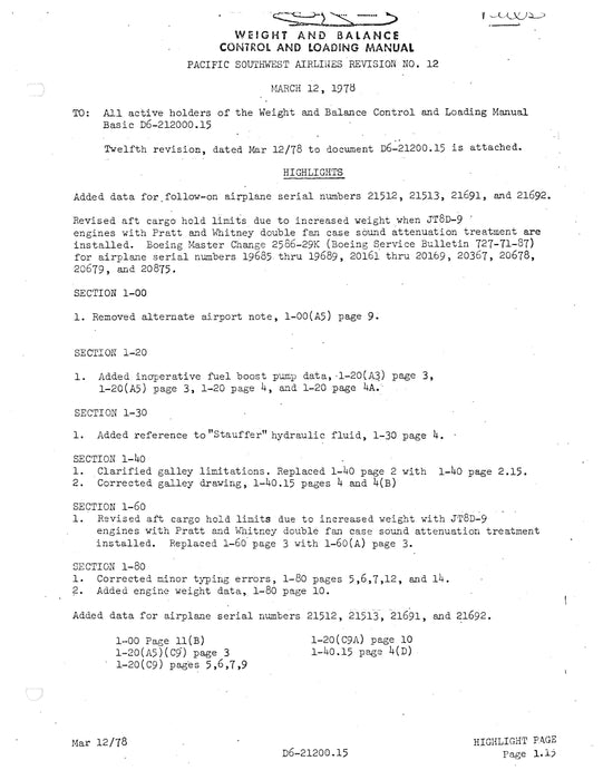 Boeing 727-214/-254/-2Q8 Weight & Balance Control & Loading Manual