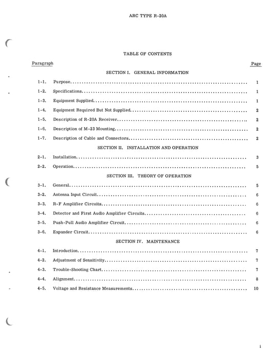 Aircraft Radio Corporation ARC R-20A Marker Beacon Receiver Instruction Book (ARR20A-IN-C)