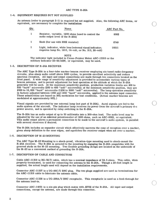 Aircraft Radio Corporation ARC R-20A Marker Beacon Receiver Instruction Book (ARR20A-IN-C)