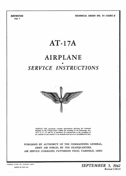 Cessna Army Model AT-17A 1942 Service Instructions (01-125KC-2)
