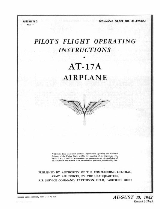 Cessna Army Model AT-17A 1942 Pilot's Flight Operating Instructions (01-125KC-1)