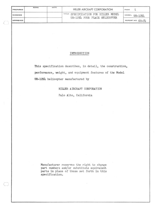 Hiller Helicopters UH-12E4 1960 Engineering Report (60-74)