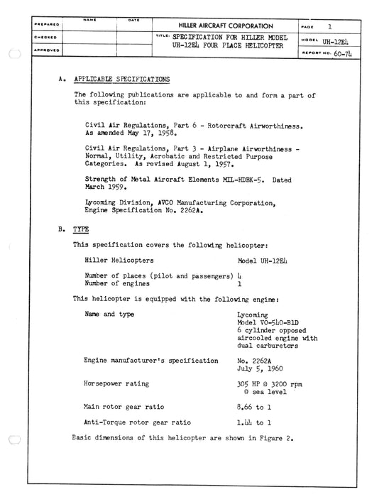 Hiller Helicopters UH-12E4 1960 Engineering Report (60-74)