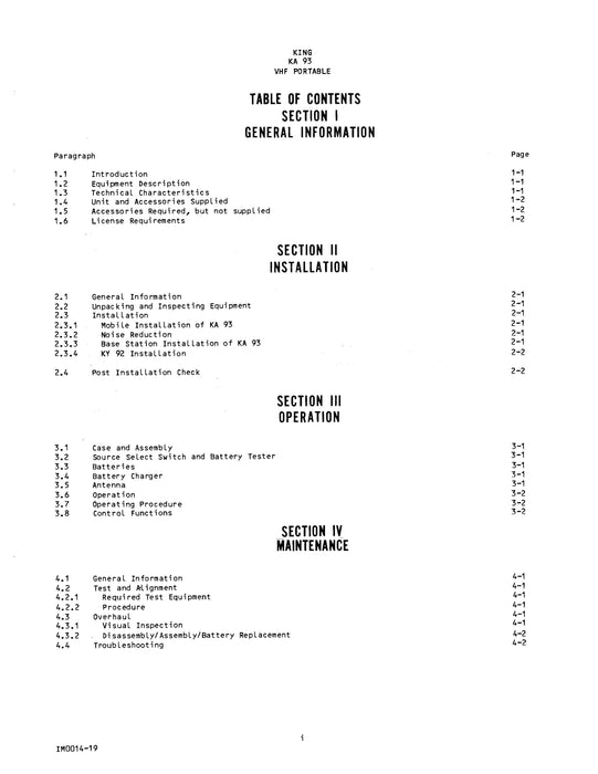 King KA 93 VHF Portable Installation-Maintenance Manual (006-0509-00)