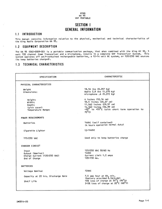 King KA 93 VHF Portable Installation-Maintenance Manual (006-0509-00)