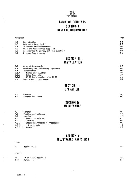 King KA 94 VHF Mobile Installation-Maintenance Manual (006-0510-00)