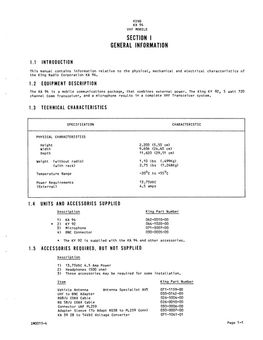 King KA 94 VHF Mobile Installation-Maintenance Manual (006-0510-00)