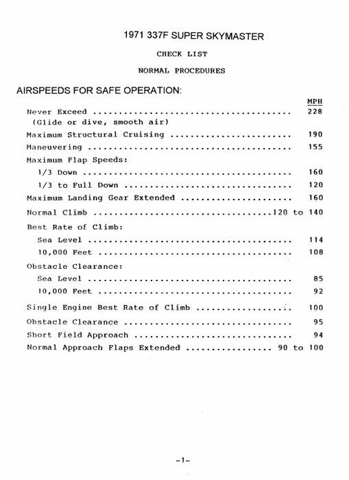 Cessna 337F 1971 Super Skymaster Checklist