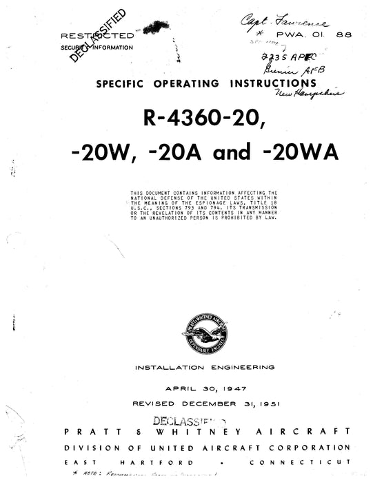 Pratt & Whitney R-4360-20, -20W, -20A, -20WA Specific Operating  Instructions (PWA. IO. 88)