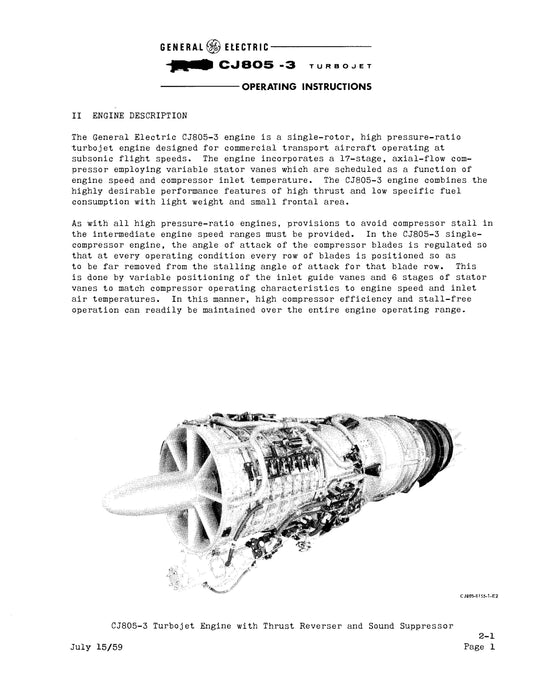 General Electric Company CJ805-3 Turbojet Engine Operating Instructions (GEI67826)