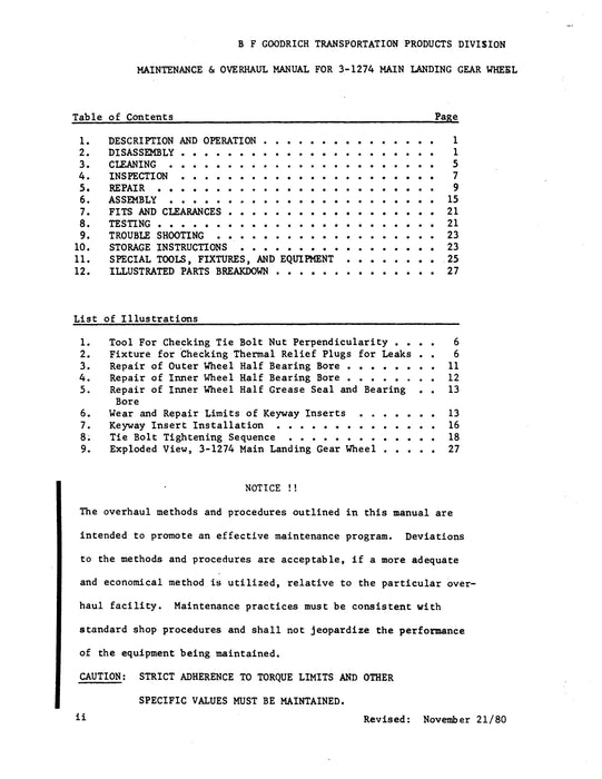 B.F. Goodrich 3-1274 OPT. 1 & -1274 OPT. 2 Main Landing Gear Wheel Maintenance and Overhaul Manual (JN35580)