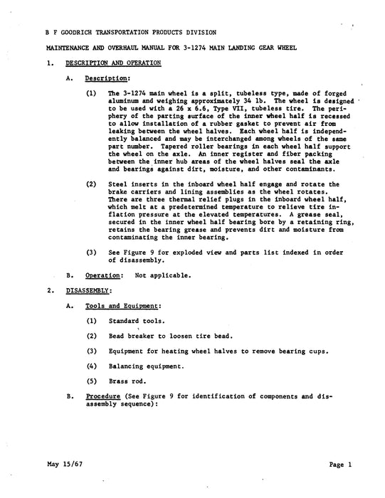 B.F. Goodrich 3-1274 OPT. 1 & -1274 OPT. 2 Main Landing Gear Wheel Maintenance and Overhaul Manual (JN35580)