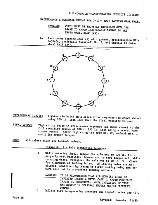 B.F. Goodrich 3-1274 OPT. 1 & -1274 OPT. 2 Main Landing Gear Wheel Maintenance and Overhaul Manual (JN35580)