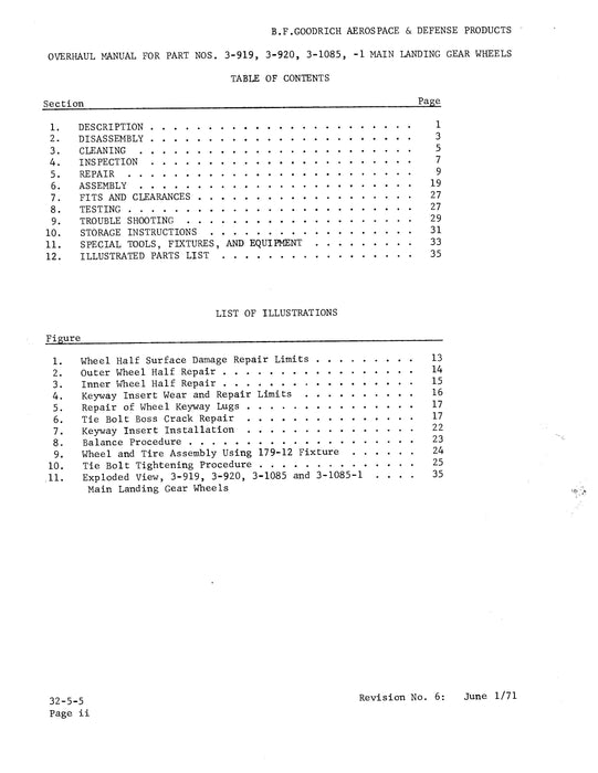 B.F. Goodrich 3-919, 3-920, 3-1085, 3-1085-1 Main Landing Gear Wheels Overhaul Manual (JN16271)