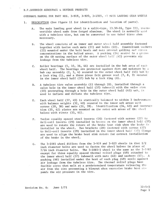 B.F. Goodrich 3-919, 3-920, 3-1085, 3-1085-1 Main Landing Gear Wheels Overhaul Manual (JN16271)