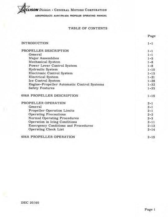 Allison Turbo-Propeller Models A6441FN-606 & 606A Operating Manual (1AC1)