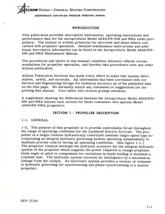 Allison Turbo-Propeller Models A6441FN-606 & 606A Operating Manual (1AC1)