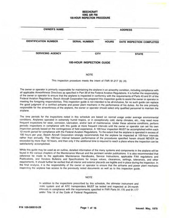 Beech King Air F90 100 Hour Inspection Procedure Manual (109-590010-29)