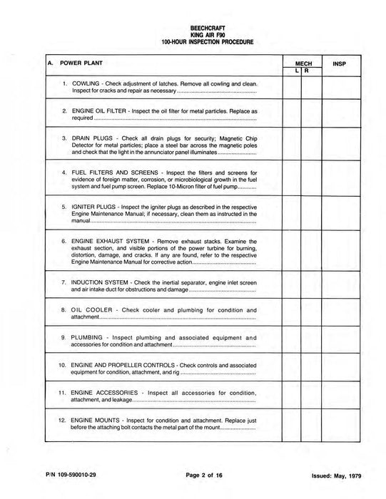 Beech King Air F90 100 Hour Inspection Procedure Manual (109-590010-29)