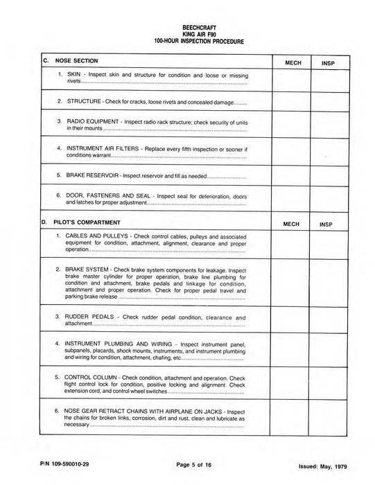 Beech King Air F90 100 Hour Inspection Procedure Manual (109-590010-29)