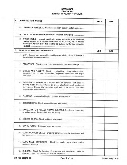 Beech King Air F90 100 Hour Inspection Procedure Manual (109-590010-29)