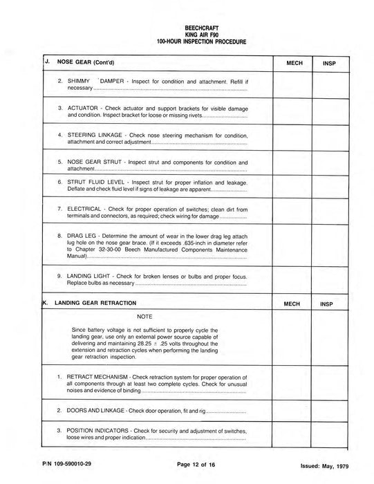 Beech King Air F90 100 Hour Inspection Procedure Manual (109-590010-29)