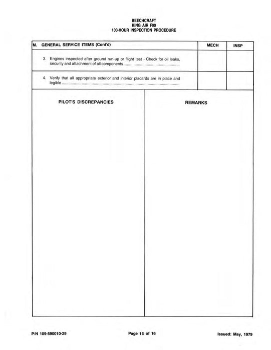 Beech King Air F90 100 Hour Inspection Procedure Manual (109-590010-29)