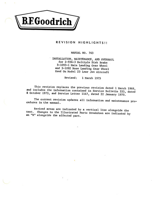 B.F. Goodrich Manual 763 Learjet Installation, Maintenance, Overhaul (763)