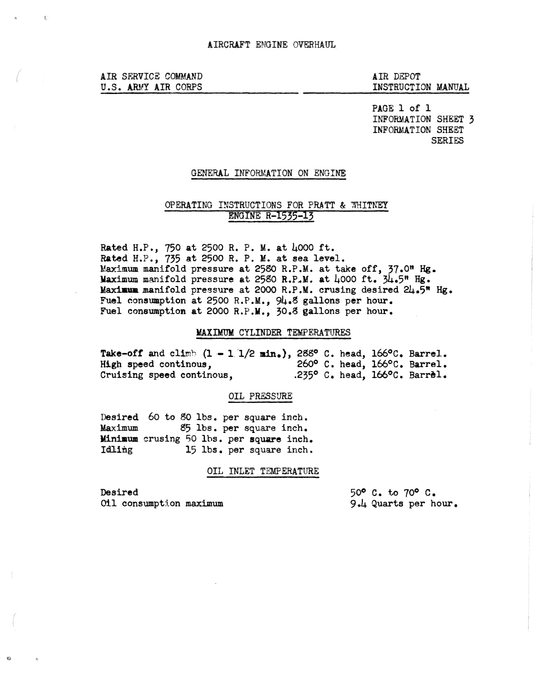 Pratt & Whitney R-1535 Aircraft Engine Overhaul Mechanic Preliminary Instruction Manual