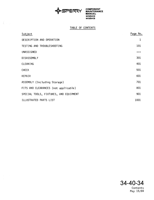 Sperry Primus-150 Model No. DI-1007, DI-1008 Part No. MI585438, MI585439 MI585438-1, MI585439-1 Component Maintenance Manual with Illustrated Parts List