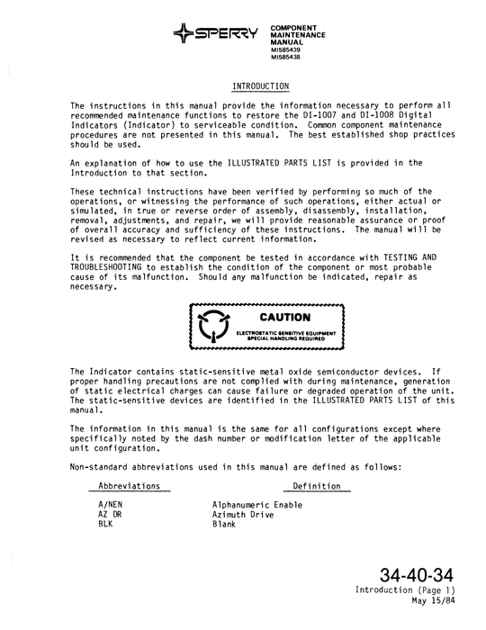 Sperry Primus-150 Model No. DI-1007, DI-1008 Part No. MI585438, MI585439 MI585438-1, MI585439-1 Component Maintenance Manual with Illustrated Parts List