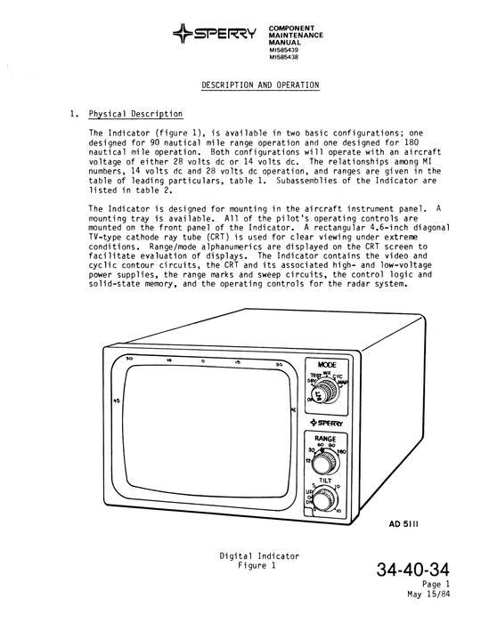 Sperry Primus-150 Model No. DI-1007, DI-1008 Part No. MI585438, MI585439 MI585438-1, MI585439-1 Component Maintenance Manual with Illustrated Parts List