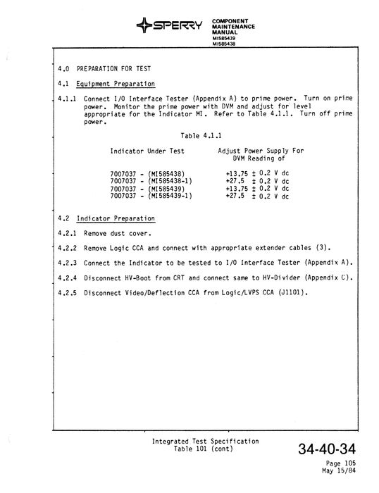 Sperry Primus-150 Model No. DI-1007, DI-1008 Part No. MI585438, MI585439 MI585438-1, MI585439-1 Component Maintenance Manual with Illustrated Parts List