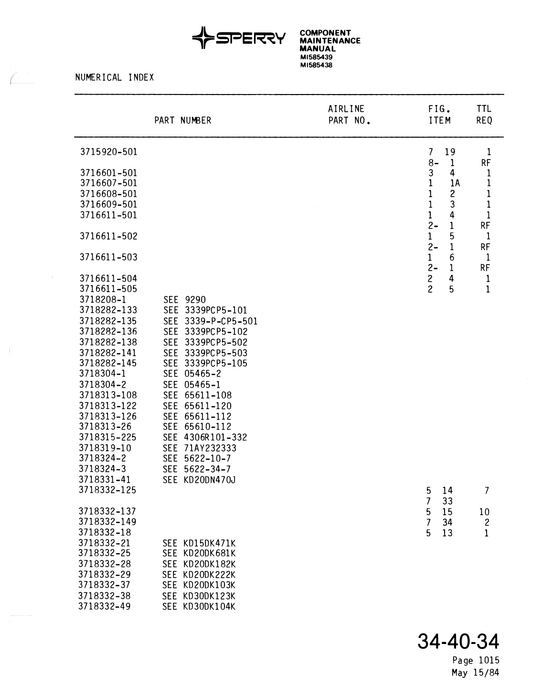 Sperry Primus-150 Model No. DI-1007, DI-1008 Part No. MI585438, MI585439 MI585438-1, MI585439-1 Component Maintenance Manual with Illustrated Parts List