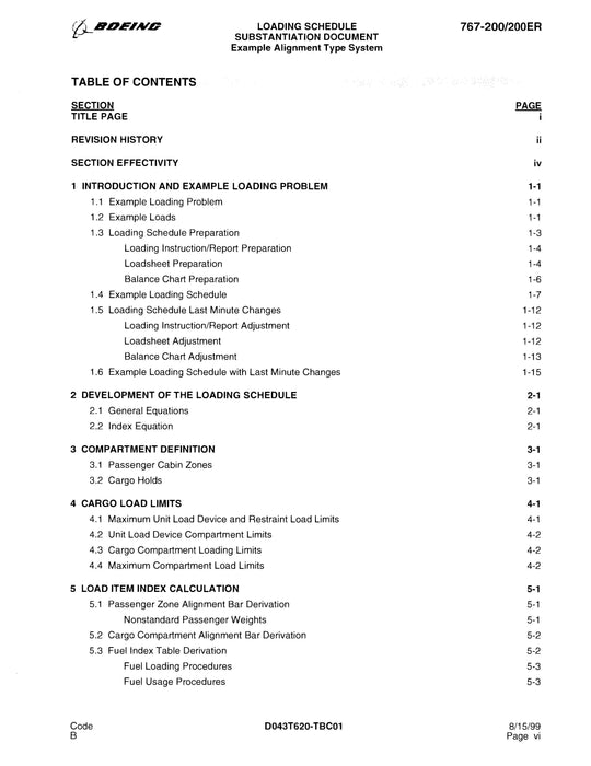 Boeing 767-200/200ER Loading Schedule Substantiation Document 1999