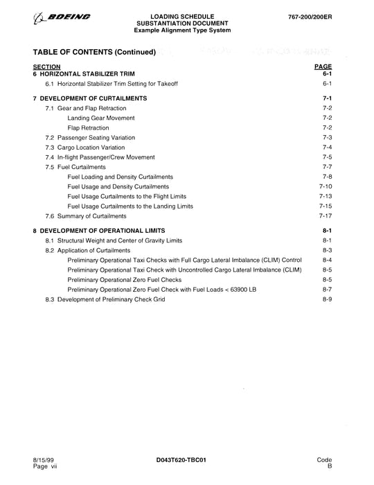 Boeing 767-200/200ER Loading Schedule Substantiation Document 1999