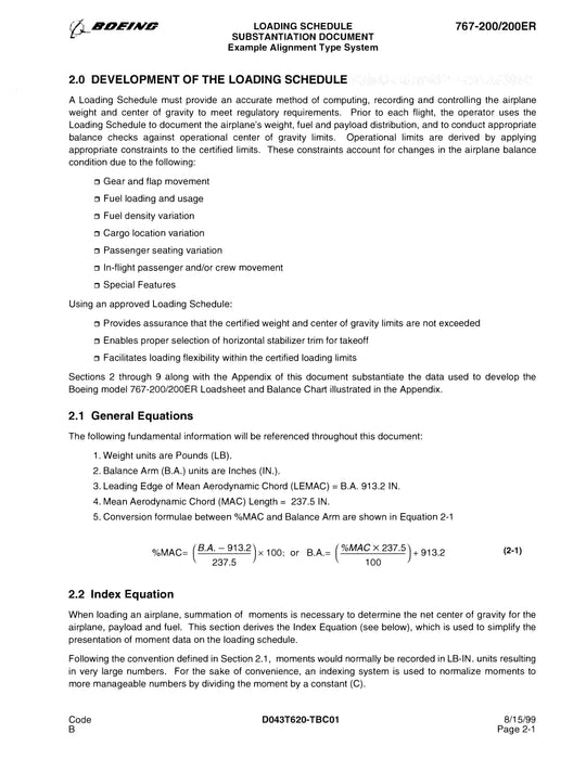 Boeing 767-200/200ER Loading Schedule Substantiation Document 1999