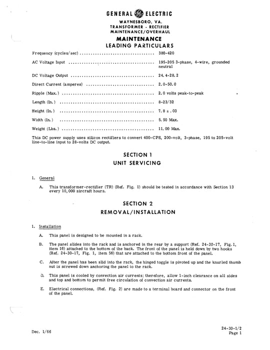 General Electric Transformer-Rectifier Model 6RW176YN3 Maintenance & Overhaul