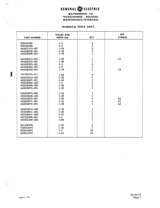 General Electric Transformer-Rectifier Model 6RW176YN3 Maintenance & Overhaul