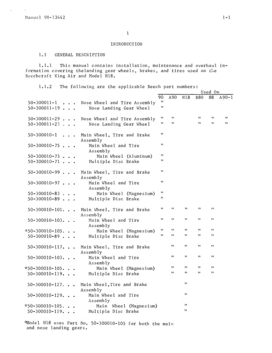 Beech 90, A90, 88, B80, H18 Main Wheels, Brakes, Tires, Nose Wheel & Tire Maintenance Instructions  (98-33442)