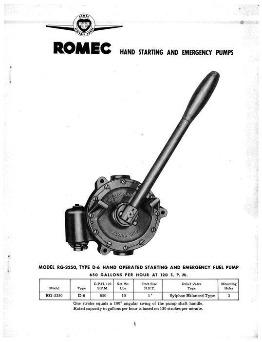 Romec Hand Starting and Emergency Pumps Model RG-3250, Type D-6 Installation, Service, Overhaul
