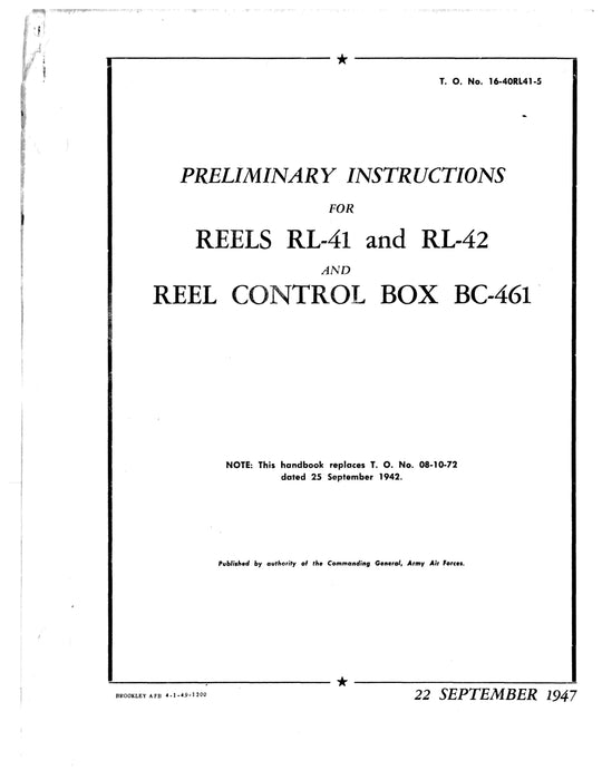 Reels RL-41 & RL-42 & Reel Control Box BC-461 Preliminary Instructions TO 16-40RL41-5