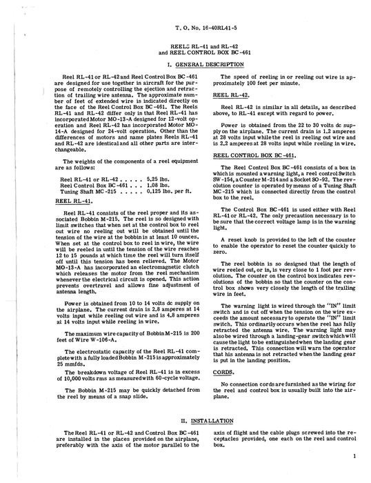 Reels RL-41 & RL-42 & Reel Control Box BC-461 Preliminary Instructions TO 16-40RL41-5