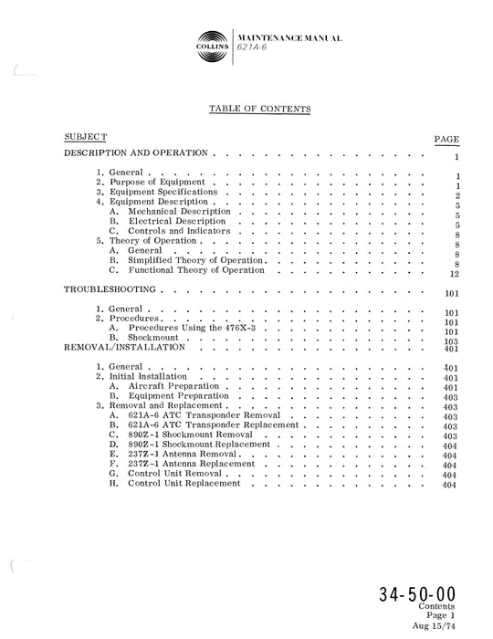 Collins 621A-6 ATC Transponder Maintenance Manual with Installation Data 523-0759617-201114