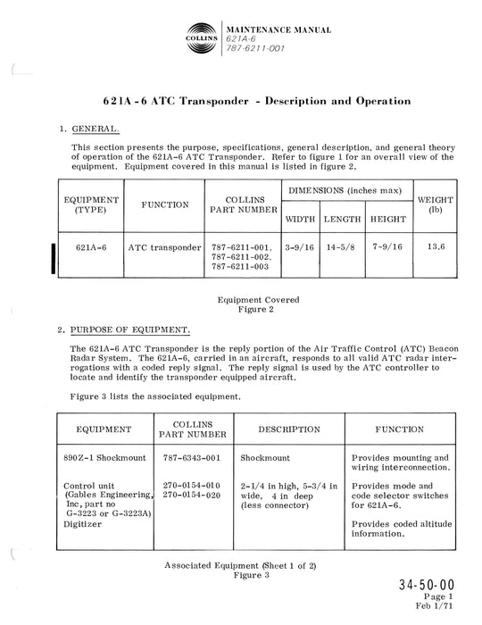 Collins 621A-6 ATC Transponder Maintenance Manual with Installation Data 523-0759617-201114