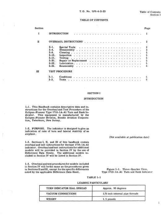 Eclipse-Pioneer Turn and Bank Indicator Type 1718-1A-A1 Overhaul Instructions TO 5F8-4-2-23