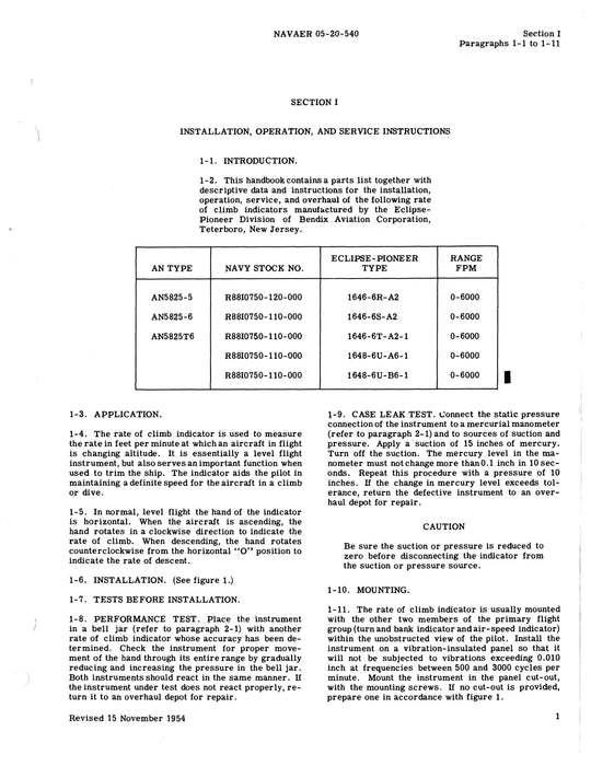 Eclipse-Pioneer Rate of Climb Indicators AN5825-5, -6, AN5825T6 Service, Overhaul, Parts 05-20-540