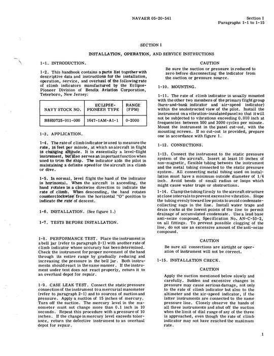 Eclipse-Pioneer  Rate of Climb Indicators 1647-1AM-A1-1 Service, Overhaul, Parts 05-20-541