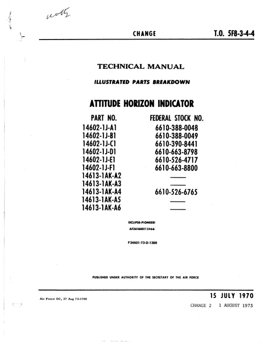 Eclipse-Pioneer Attitude Horizon Indicator Part No. 14602, 14613 Parts Catalog TO 5F8-3-4-4