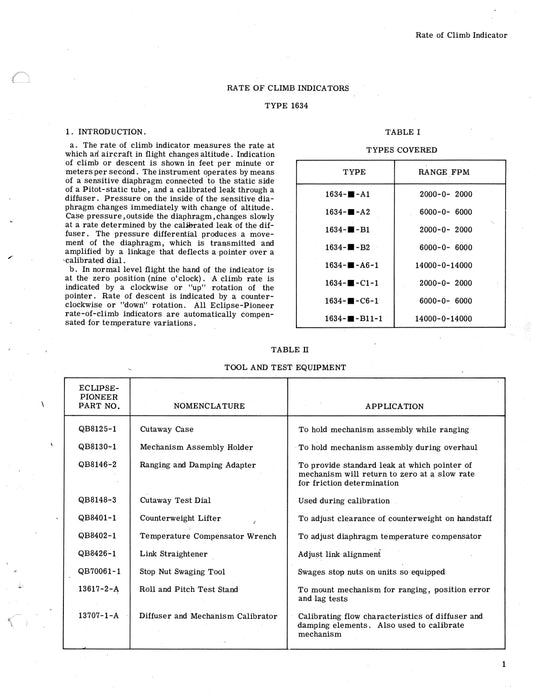 Eclipse-Pioneer Rate Of Climb Indicator Type 1634 Series Overhaul Instructions No. 5310-30